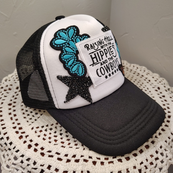 Western vibe patches on black mesh trucker hat Hippies And Cowboys Butterfly - Picture 3 of 4